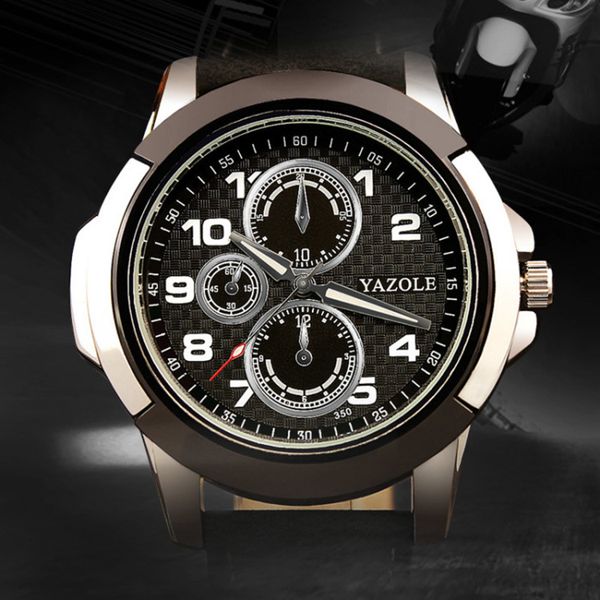

men's leather luminous waterproof quartz watch sports car sports watches faux three-eye dial spell color case tactical military wristwa, Slivery;brown