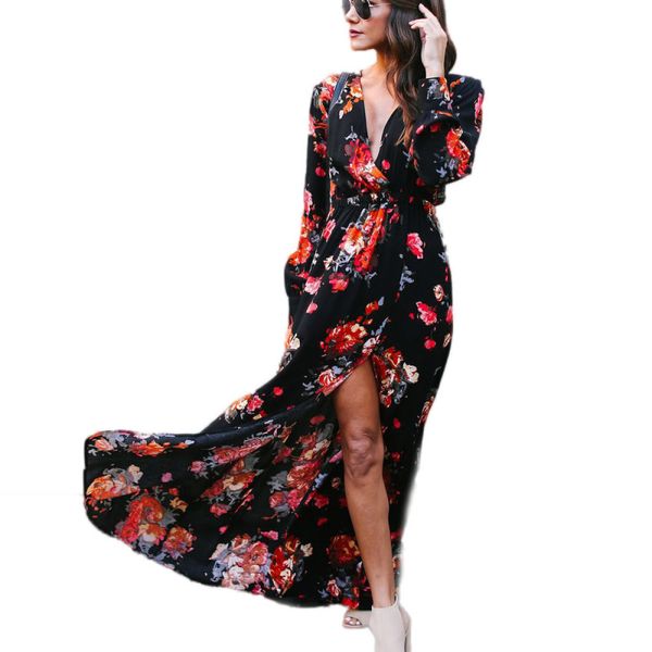 

feitong 2018 maxi women dress vintage casual print flowers vestidos verano party summer vintage long dresses high quality, White;black