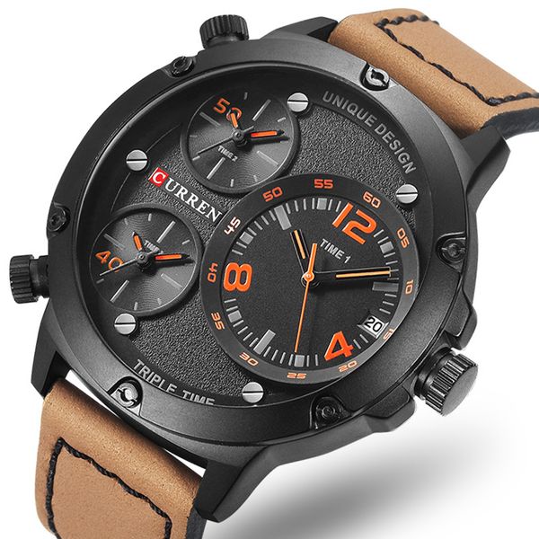 

curren plus men sport quartz watches mens multiple time zone leather male wristwatch relogio masculino, Slivery;brown