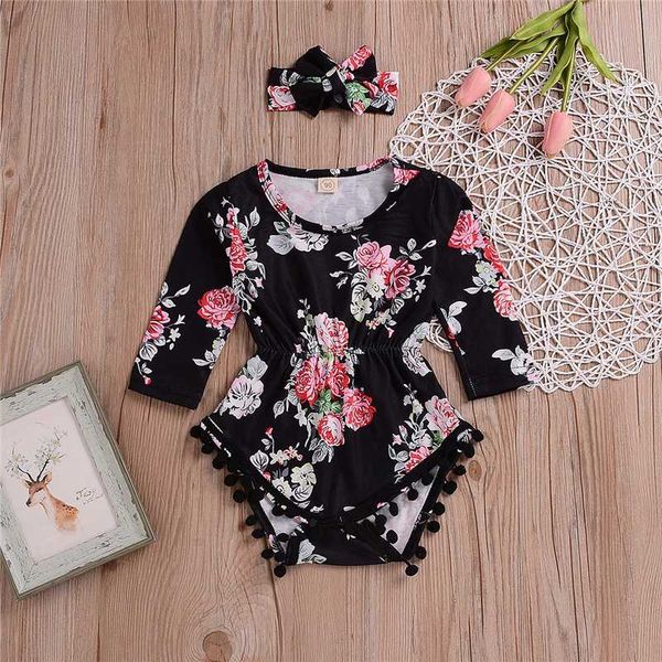 

2pcs newborn baby girl clothes toddler baby clothes floral tassels long sleeve bodysuit jumpsuit sunsuit headband girls outfits, Blue