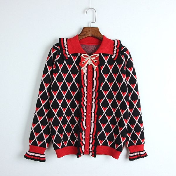 

2018 winter vintage plaid knitted sweater pullovers women runway ruffles knotbow long sleeve ladies christmas jumper clothing, White;black