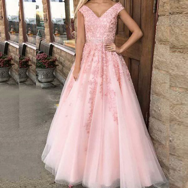 

2019 blush pink a line prom dresses deep v neck sleeveless lace appliques tulle evening party gowns with beaded crystals belt floor length, Black
