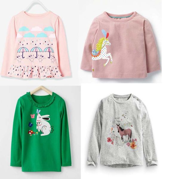 Ins queda nova chegada meninas crianças desenhos animados coelho cavalo design manga longa camiseta crianças causal 100% algodão menina Cause