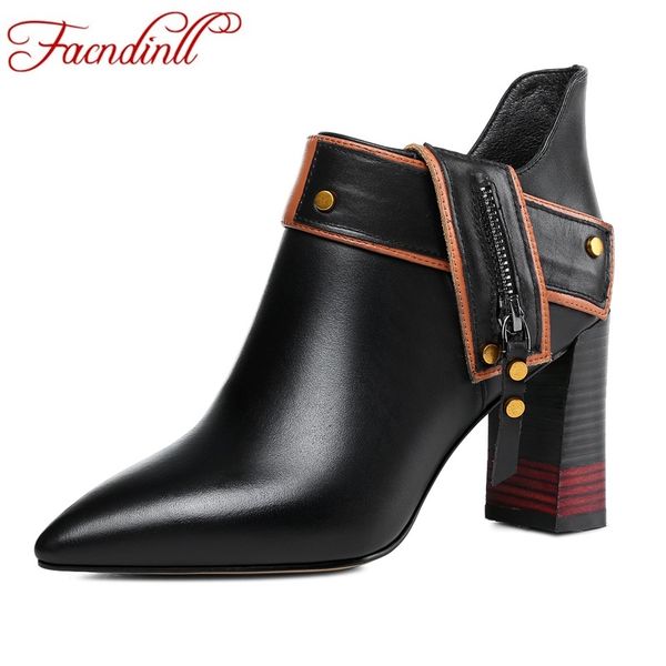 

facndinll women 2018 new fashion genuine leather high heels pointed toe shoes woman dress party ankle boots autumn winter shoes, Black