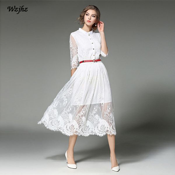 

wzjhz lace stitching white dress stand collar 3/4 sleeve cutout fashion vestidos party dress, White;black