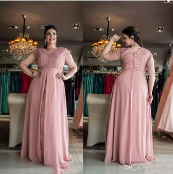 

New Long Evening Dresses Plush Pink Prom Gowns With Sleeves Cheap Chiffon Plus Size Lace A Line Formal Dress
