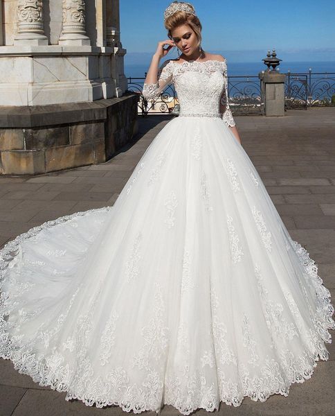 

2018 Arabic 3/4 Long Sleeves Ball Gown Wedding Dresses Illusion Off Shoulder Lace Appliques Plus Size Wedding Gowns Formal Bridal Gowns