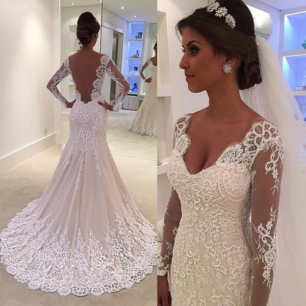 

2018 plus size wedding dresses long sleeves mermaid lace wedding dress, White