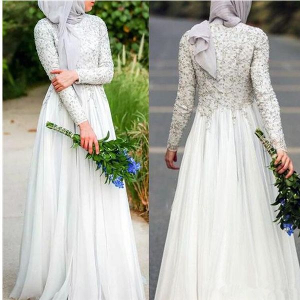 

Muslim Evening Dress Long Sleeve High Neck Silver Beaded Appliques Chiffon Floor Length Party Gowns Custom Size