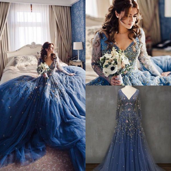

2019 a line pricess wedding dresses v neck lace appliques sweep train long sleeve bridal gowns custom made plus size vestido de novia, White