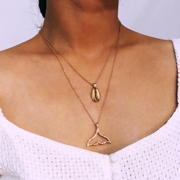 

ethnic boho vintage silver gold necklace layered metal shell fish tail pendant necklace women trendy summer beach jewelry