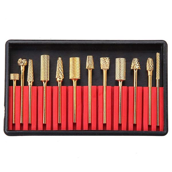 

12pcs gold carbide nail drill bit set professional bits tools 3/32 inch with storage case holder