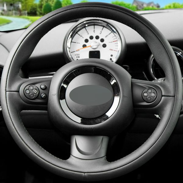 

black leather hand-stitched car steering wheel cover for bmw mini coupe