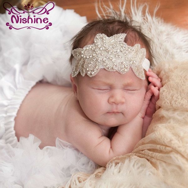 

nishine infant girls toddler crystal flower leaf christening bridal elastic headband rhinestone hair band pgraphy props, Slivery;white