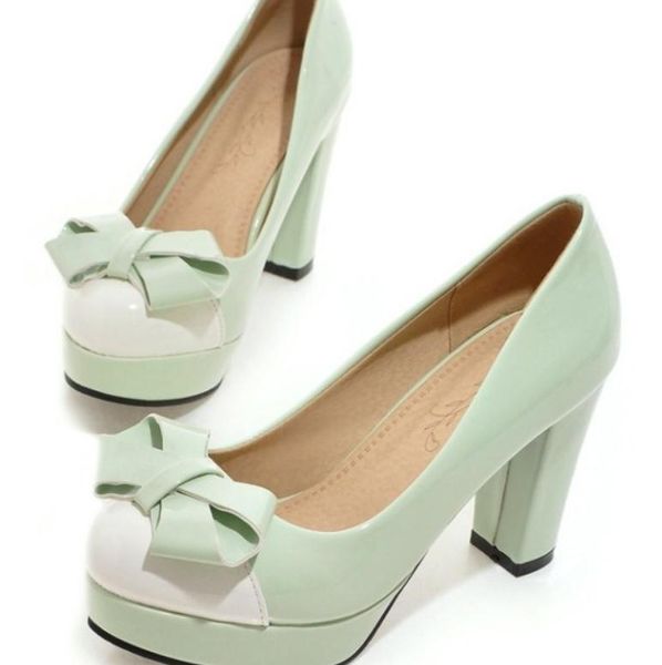 

send 2018 new style bowknot with coarse heel high heel waterproof table round head shallow mouth princess women's shoes, Black