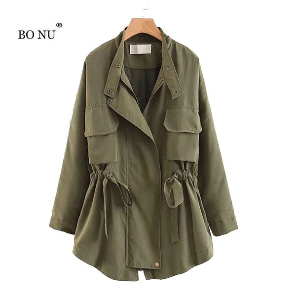 

bonu european autumn army green windbreaker jacket loose female jacket long sleeve big pocket autumn zipper women feminine coat, Black;brown