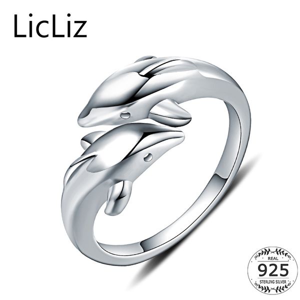 LicLiz Echt 925 Sterling Silber Tier Ringe Für Frauen Finger Band Delphin Ring Plain Offene Einstellbare Ringe Anillos Mujer LR0409 S18101002