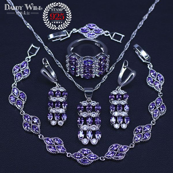 

925 silver jewelry sets purple crystal white zirconia for women long earring pendant necklace ring bracelet gift box, Slivery;golden