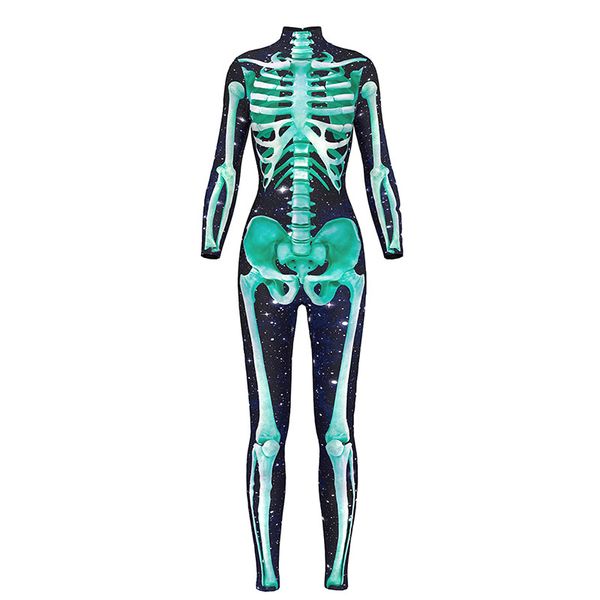 

women halloween cosplay costume fashion terror bodysuit romper coverall elastic long sleeve skeleton bone print, Black;red