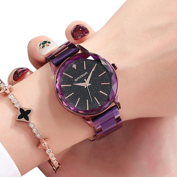 

sanda women elegant starry sky waterproof quartz watch with stylish steel chain watchband wristwatch ornament gift, Slivery;brown