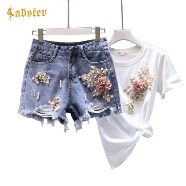 

denim shorts pants suits 2018 women summer diamond beading 3d flower cotton tshirt +short jeans clothing set woman xz281, Gray