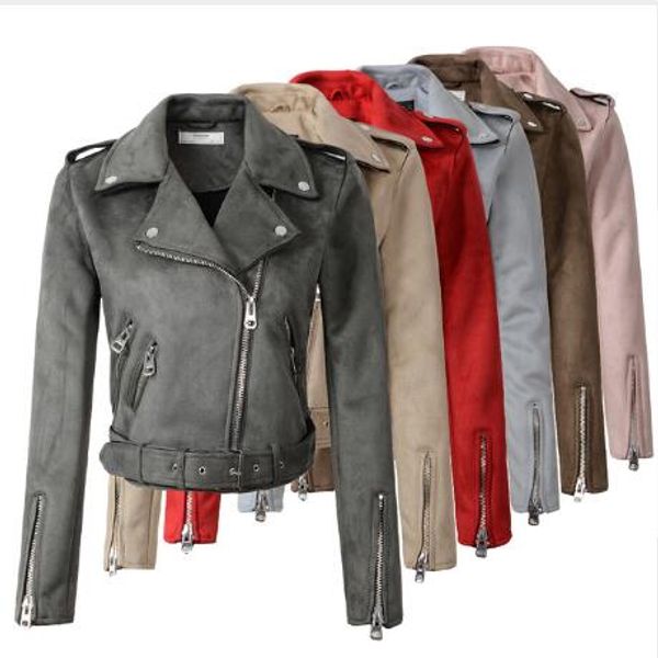 

2018 new women autumn winter suede faux leather jackets lady fashion matte motorcycle coat biker gray pink beige outwear, Black