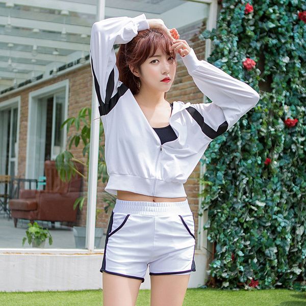 

women's tracksuit 2017 sports tights suits 3pcs fitness yoga running set female sportswear blouse gym shirt coat bra with shorts, White;red
