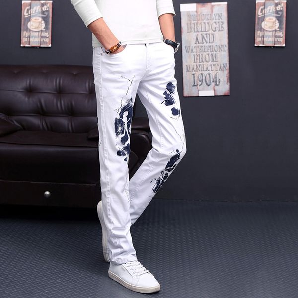 

high elastic jeans men's jeans fashion printing 1pcs casual trousers, Black