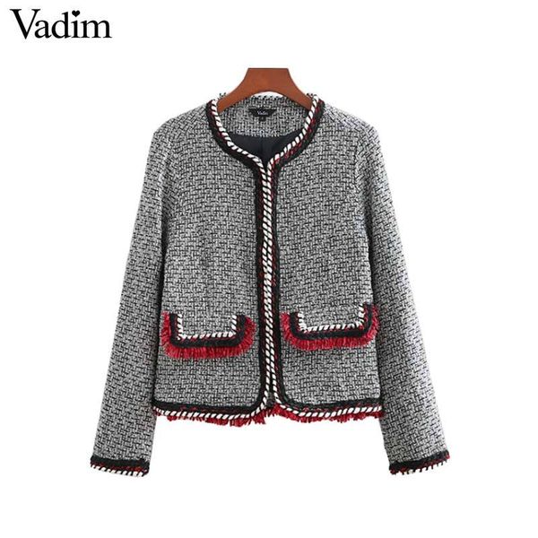 

vadim vintage tweed plaid jacket coat tassel pockets decorate long sleeve coats retro female casual outerwear chic ca150 s18101203, Black;brown