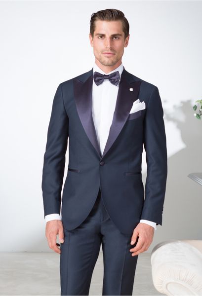 Koyu Lacivert Erkek Takım Elbise Slim Fit İki Adet Groomsmen Düğün Smokin Erkekler Için Blazers Bir Düğme Doruğa Yaka Balo Suit (Ceket + Pantolon)