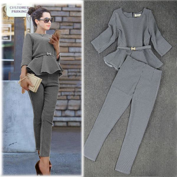 

autumn fashion women casual suits ruffles houndstooth checker pattern pants suit women 2016 plus xl rg411150 ing, White;black