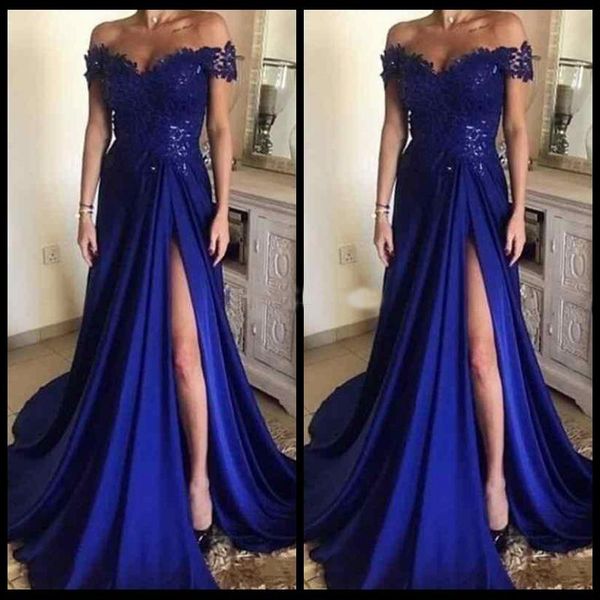 

Elegant Royal Blue Long Prom Dresses 2018 With Lace Off Shoulder Cap Sleeve Split Floor Length Satin Evening Gowns Formal Prom Party Dresses