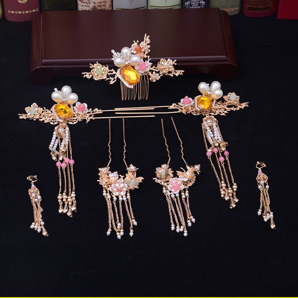 

chinese style new gold pearl tassel headdress ancient costume show-off dragon-phoenix wedding accessories, Golden;white