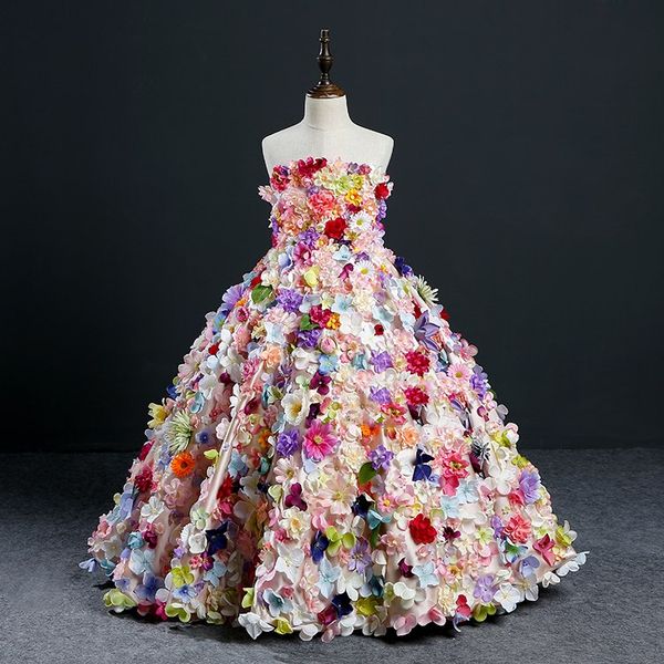 

strapless ball gown hand made flowers major beading lace up floor length wedding dress flower girl dress, White;blue