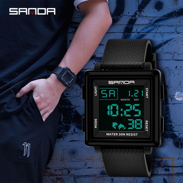 

2018 sanda men waterproof led digital watches fashion square sport shockproof watch chronograph, Slivery;brown
