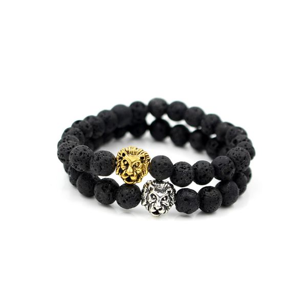 Bracciale con ciondolo testa di leone Buddha color oro antico Bracciale con perline di energia in pietra lavica nera Pulseras Hombre Jewelry