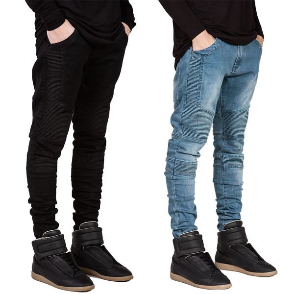 

fashion new wrinkled jeans 1pcs stretch trousers men's jeans, Blue