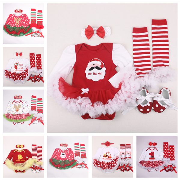 

newborn baby christmas clothes xmas outfits 4pcs clothing sets tutu romper kids 0-2t dress cute tutu long sleeve rompers le22, White