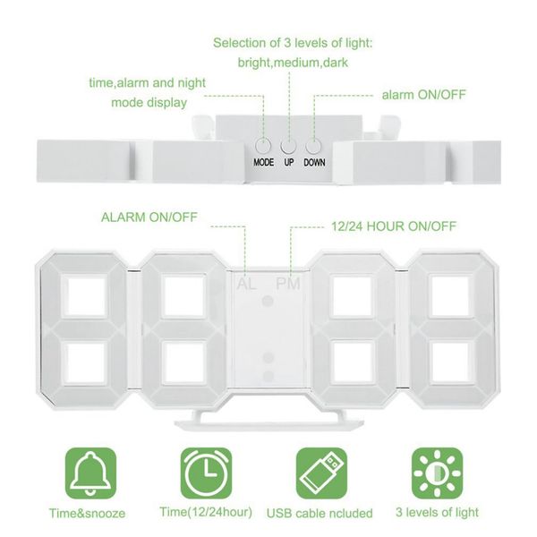 

1 pcs modern wall clock large 3d led digital led table clock watches display mechanism alarm snooze desk alarm ca