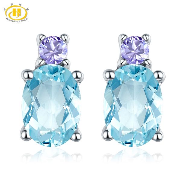 

hutang natural blue z tanzanite stud earrings solid 925 sterling silver gemstone fine fashion stone jewelry women's gift new, Golden;silver