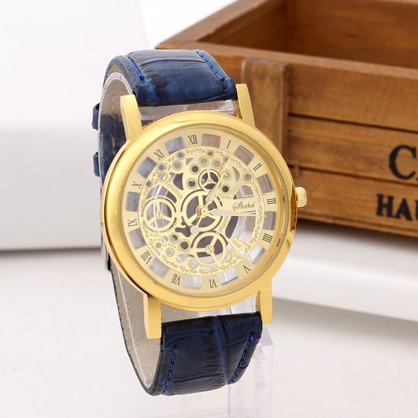 

12color fa hion imitate mechine tainle teel men watche ca ual keleton watch leather women hollow imitate mechanical watche