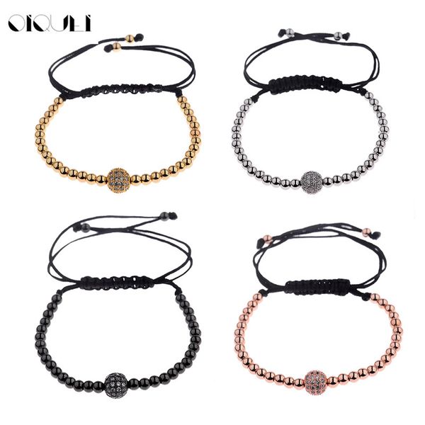 

oiquei 2018 gold micro pave charm black cz beads braiding macrame men bracelets jewellery 4mm copper beads adjustable bracelets