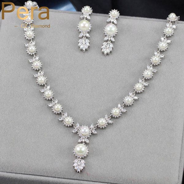 

pera trendy silver color imitation pearl drop earrings and round cz crystal necklace women wedding jewelry sets for brides j145, Slivery;golden