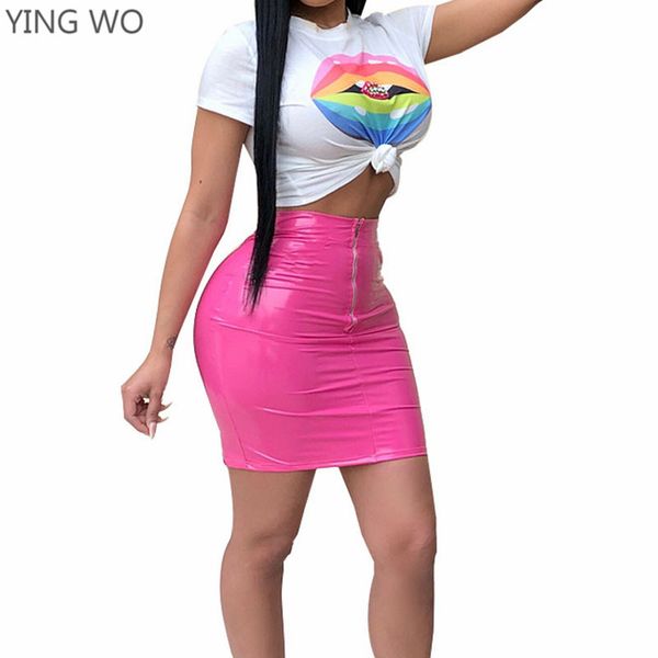

lips pattern printed white crop tees blue/yellow/red/fuchsia front zipper pu leather package hips mini skirts suits online