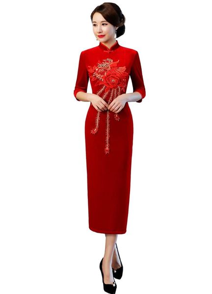 

shanghai story oriental dress chinese style dress long velvet cheongsam flower embroidery qipao chinese women's, Red