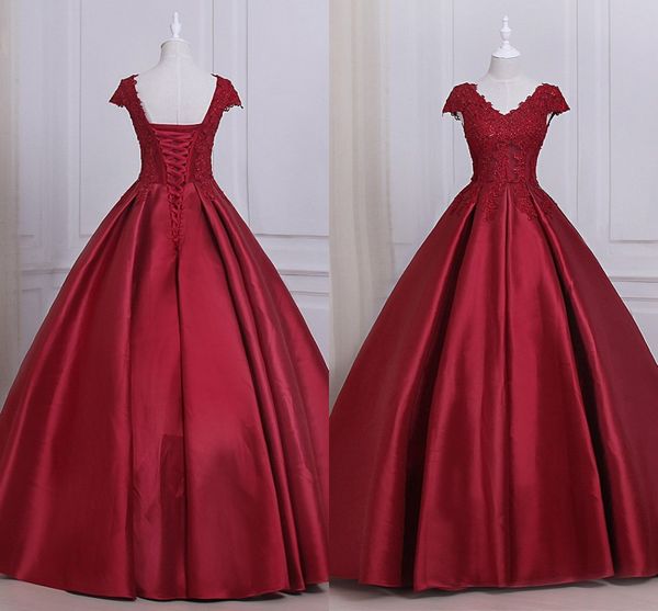 2022 Rotes Ballkleid mit V-Ausschnitt und kurzen Ärmeln, Ballkleider, Applikation, Spitze, Perlen, Perlen, drapiert, Schnürung, Abschlusskleid, formelle Abendkleider Plus