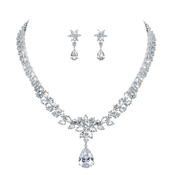 

weimanjingdian sparkling cubic zirconia teardrop and marqise flower cz necklace and earring wedding set, Slivery;golden