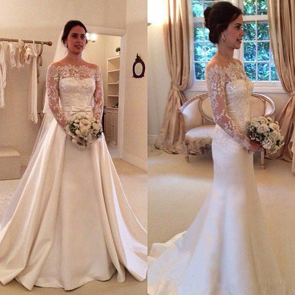 

New Coming Gorgeous Bateau Mermaid Detachable Train Lace Appliques Beaded Long Sleeves Beautiful Custom Made Wedding Dresses