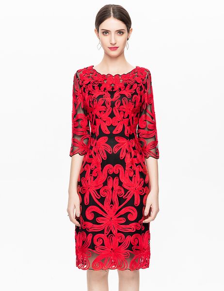 

luxury women embroidery sheath dress half sleeve round neck party dresses 09hx8122, White;black