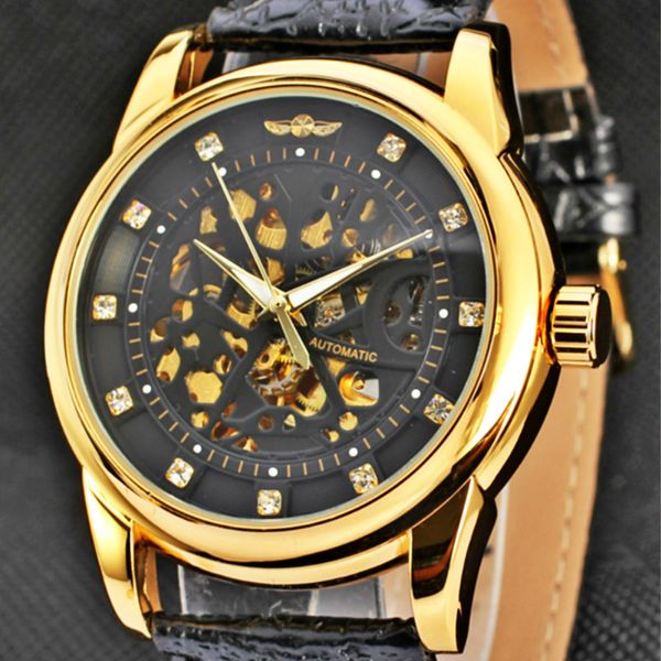

winner mechanical watches rhinestone skeleton leather strap luxury gold black hollow out automatic wrist watch relogio masculino, Slivery;brown